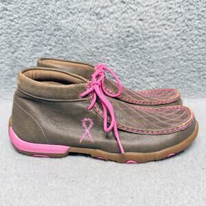 Twisted X Driving Moc Womens Size 7.5 Moccasins Brown Leather Pink Ribbon